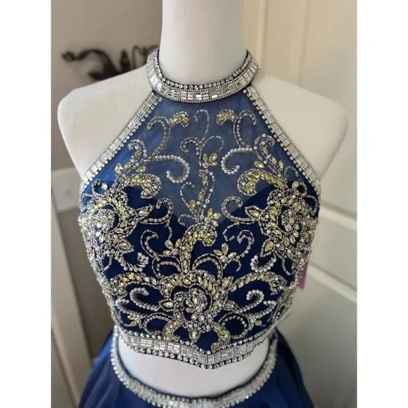 Pink by Alexia Designs Two-Piece Beaded Prom Gown Navy Blue Size 12 NWT